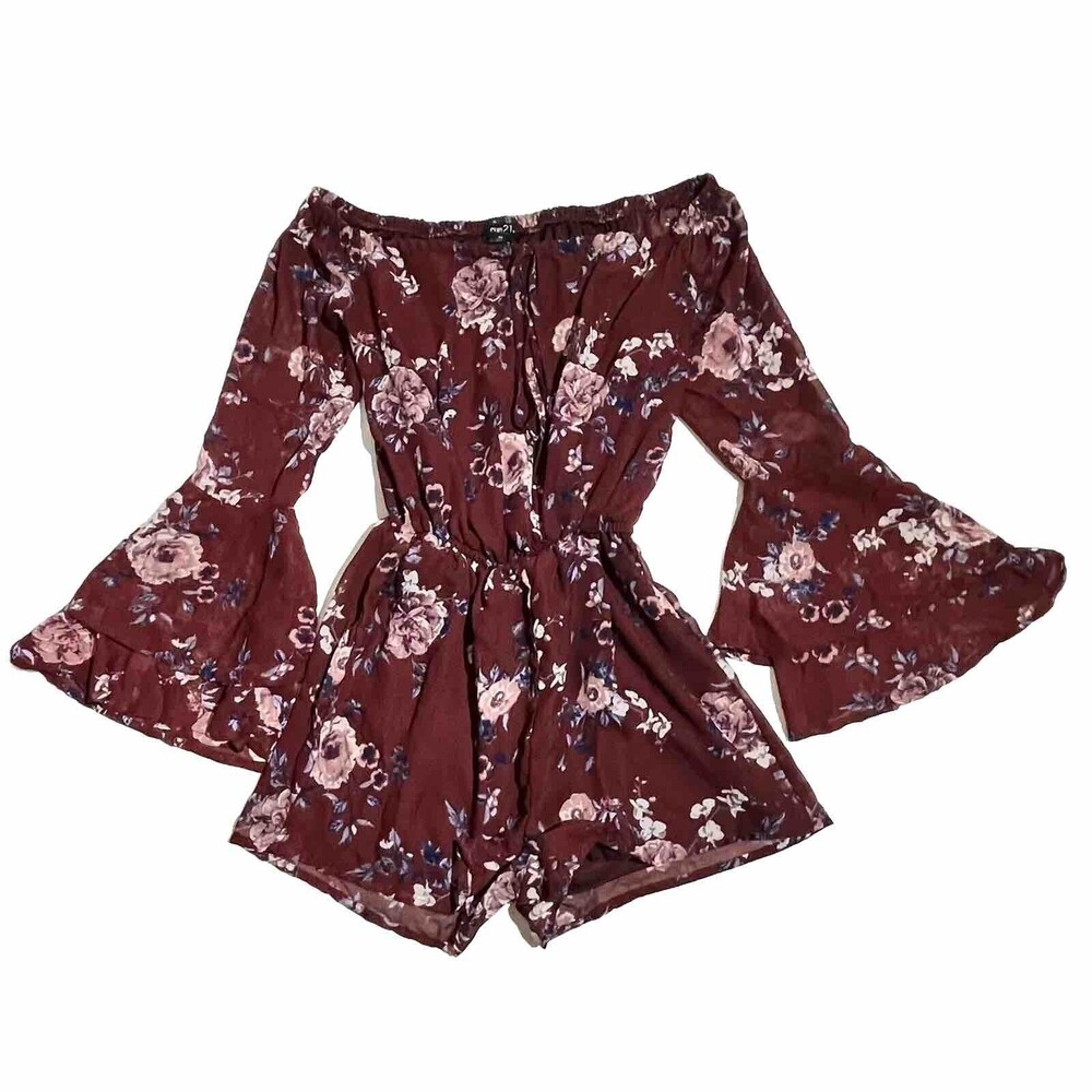 Rue 21 Off Shoulder 1Pc Romper Huge Bell Sleeves Red Floral Jumper Y2K Womens XS